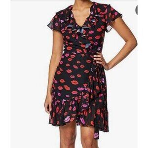 Betsey Johnson Black Wrap Dress With Red & Pink Lip Print Short Sleeves Ruffle H